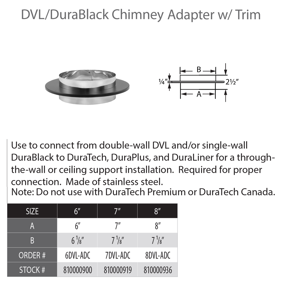 Duravent DVL/DuraBlack Chimney Adapter in 3 sizes 7" 8" 9"