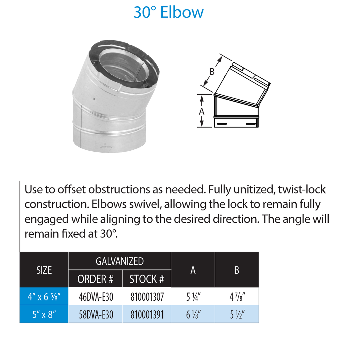 DuraVent 4” x 6 5⁄8” DirectVent Pro 30˚ Elbow (galvanized)