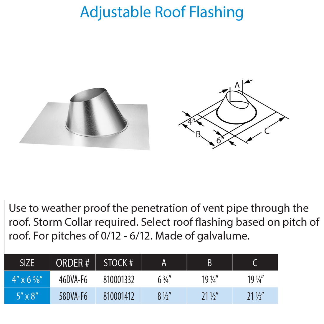 DuraVent 46DVA-F6 4” x 6 5⁄8” DirectVent Pro Adjustable Roof Flashing 0/12 – 6/12