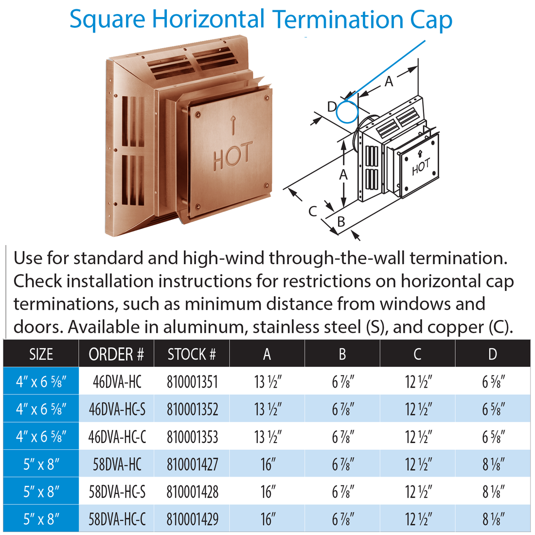 DuraVent DirectVent Pro Square Horizontal Termination Cap Direct Vent Pipe For Gas Fireplaces & Gas Stoves