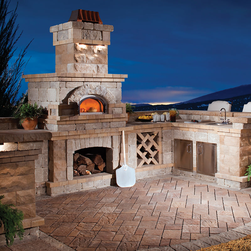 Brick outdoor Wood Gas Hybrid pizza oven with wood storage on a patio outdoor kitchen setup ready to make your perfect outdoor kitchen. CBO 750 Hybrid Pizza Oven, dual fuel pizza oven, outdoor wood fired pizza oven, natural gas pizza oven, DIY pizza oven kit, residential countertop pizza oven, Chicago Brick Oven, backyard pizza oven, outdoor kitchen pizza oven, hybrid pizza oven for home. Alfa Pizza Oven 3 pizze but better made in America with built in Gas BBQ LPG NG Pizza Oven Wood Burning Ooni Gozney