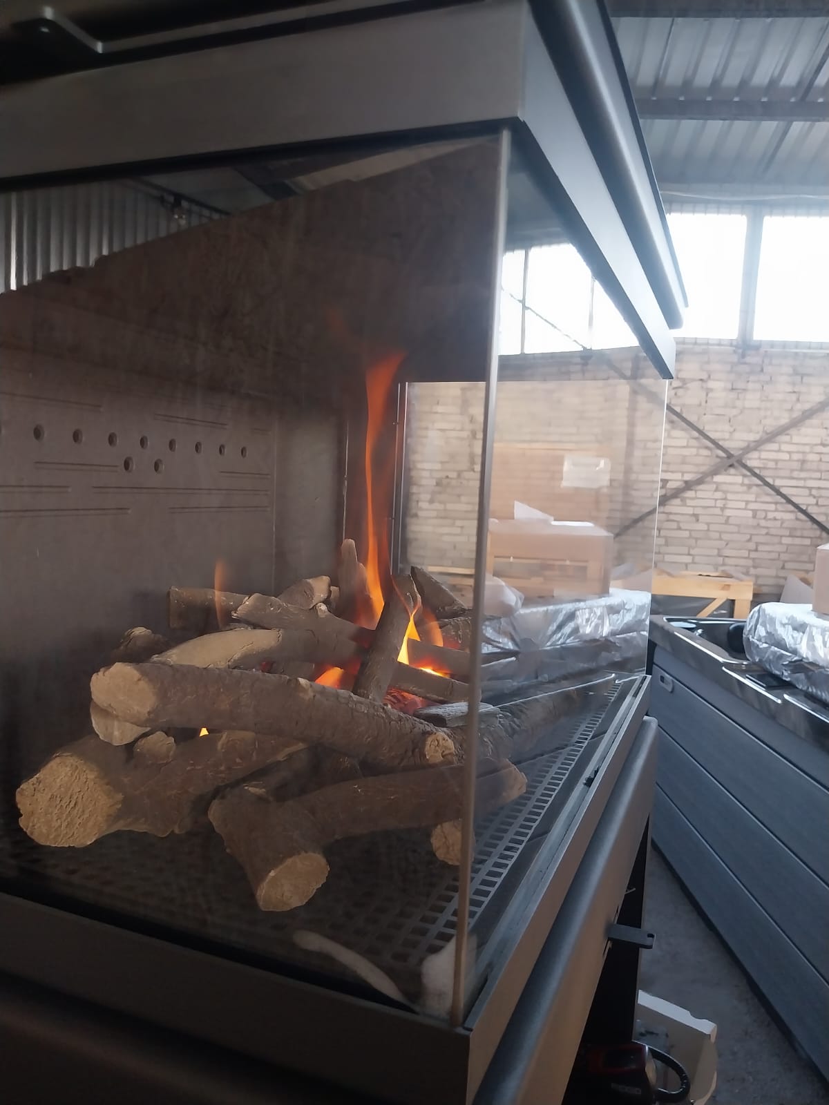 This is the Gas Model of the 3 sided see through ariana fireplace- Direct Vent Handmade to order. Modern Fireplace Mid Century Modern Cone style see through room center ready fireplace- Gas or Wood