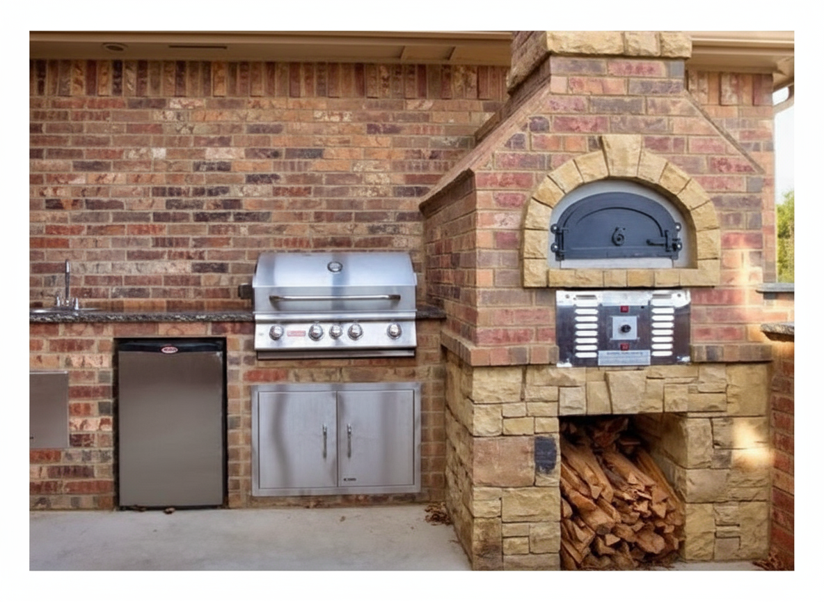 Brick outdoor Wood Gas Hybrid pizza oven with wood storage on a patio outdoor kitchen setup ready to make your perfect outdoor kitchen. CBO 750 Hybrid Pizza Oven, dual fuel pizza oven, outdoor wood fired pizza oven, natural gas pizza oven, DIY pizza oven kit, residential countertop pizza oven, Chicago Brick Oven, backyard pizza oven, outdoor kitchen pizza oven, hybrid pizza oven for home. Alfa Pizza Oven 3 pizze but better made in America with built in Gas BBQ LPG NG Pizza Oven with Wood Burning option