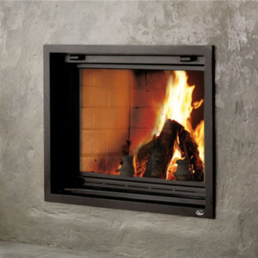 Valcourt Antoinette Black Built-in indoor wood burning fireplace with mansory trim, guillotine-style door and visible wood burning flame in a modern living room with large window. Heating area up to 1,000 sq. ft, EPA qualified. Antoinette Modern hearth fireplace is similar to Majestic Biltmore Wood Burning Fireplace - 50", Supreme Astra Single-Sided Wood Burning Fireplace, Empire Aspen Traditional Wood Burning Fireplace, Montigo Divine Bay H38DFPRC Direct Vent Gas Fireplace, Modern Flames Orion.