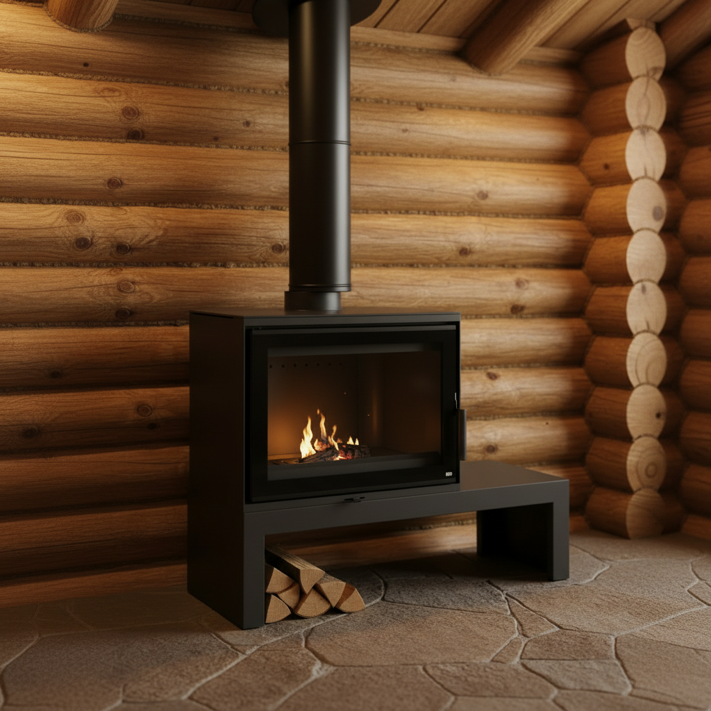 Black freestanding fireplace on a white background What is a wood stove air-wash system?
An air-wash system draws preheated air down across the inner side of the ceramic glass door. This air curtain prevents soot, ash, and creosote buildup, keeping the glass clean for clear fire viewing.
