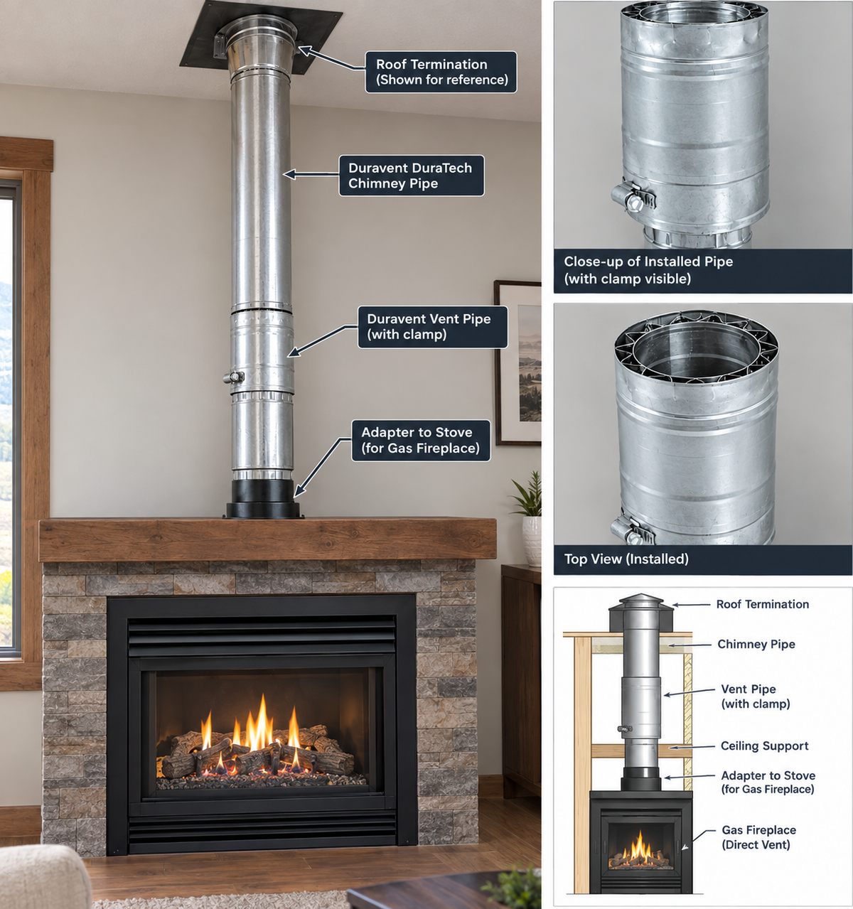 Installation of DuraVent FasNSeal W2 double wall stainless steel gas vent length to a gas fireplace with visible burning flame in a modern home.