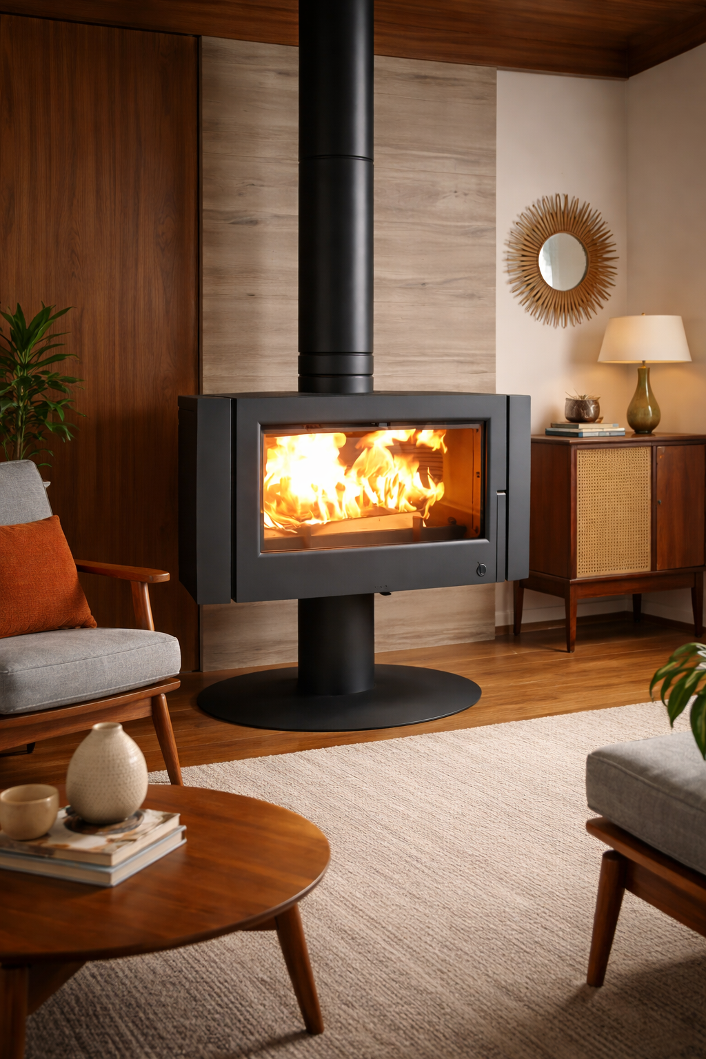 Invicta Antaya wood burning free standing stove Jotul Style TUV Style room center all glass large floating glass style fireplace