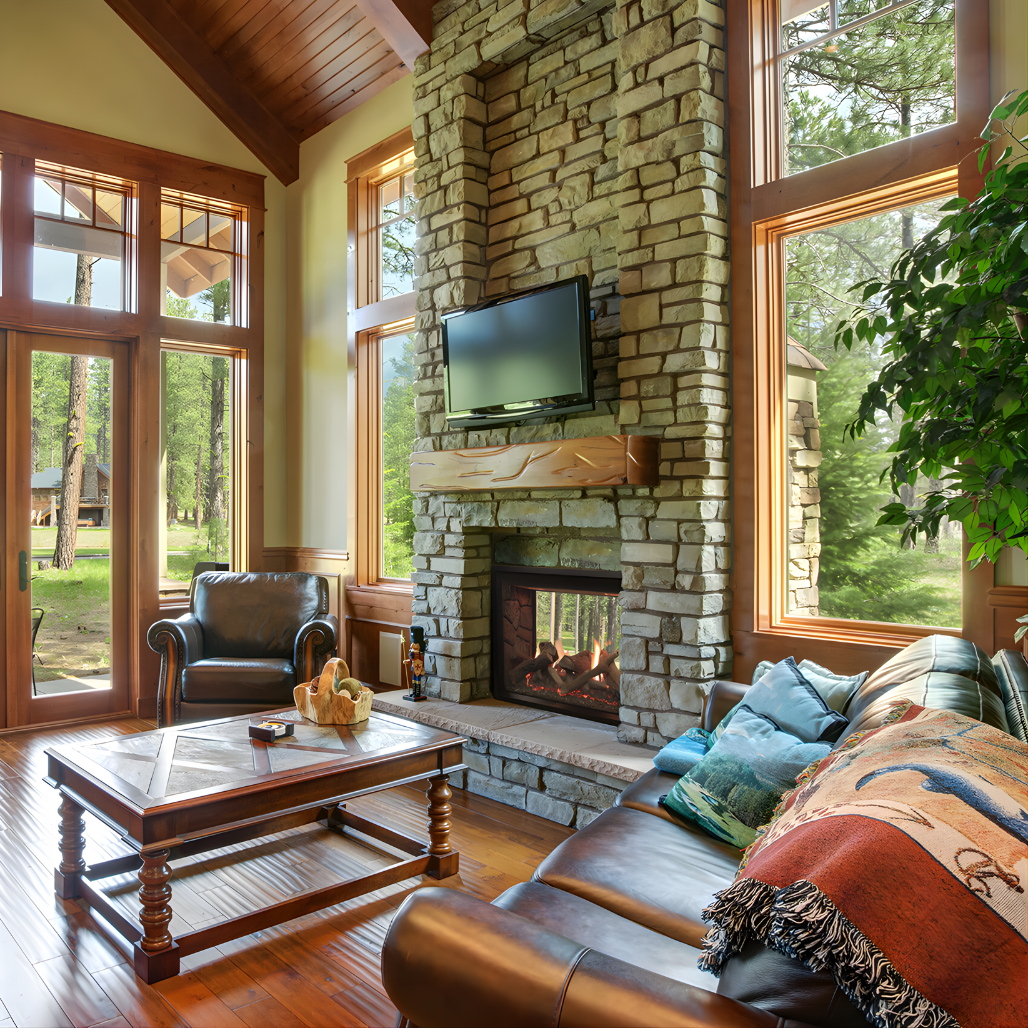 40" Montigo Paragon Built-In see through Gas Fireplace Inserts into a stone wall with wall mounted and a wooden mantel on top of the fireplace. Direct Vent Indoor Fireplace, Eco-friendly Direct vent Indoor fireplace. This product is similar to Napoleon High Definition Direct vent gas fireplace, Napoleon High Definition, Invicta Aaron See Through woodstove, Modern Flames Orion, Heat & Glo escape series See Through Fireplace.
