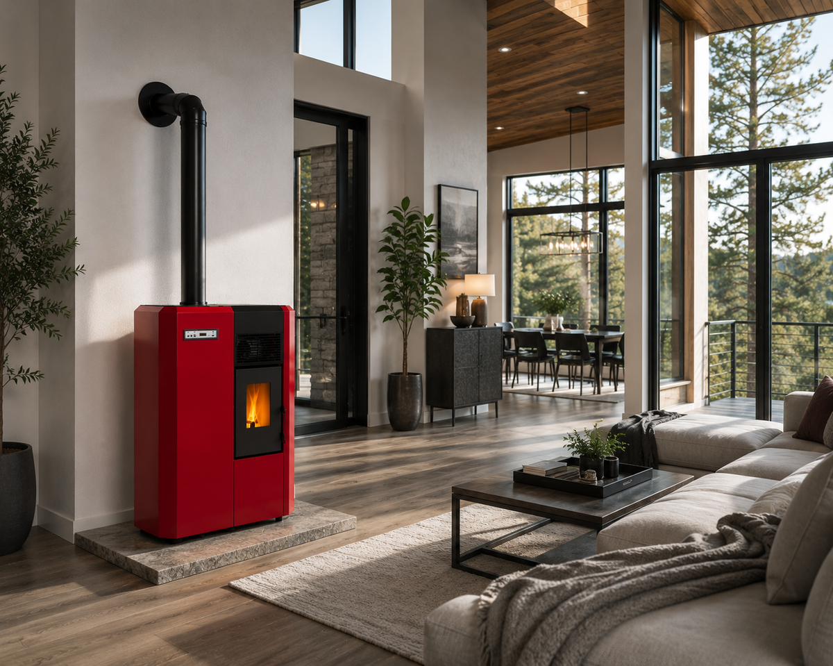 Red Compact high efficiency KF 4,0 freestanding pellet heating stove with visible flame and a black chimeny pipe in a modern living room. Smart Control free standing rear and lateral flue outlet home heating pellet stove. Modern home fireplace. This product is similar to Comfortbilt Pellet Stoves HP50 Brown Modern Design Efficient, Cleveland Iron Works Pellet Stove PS20W-CIW, Harman Allure50 Pellet Stove, Drolet Eco-65R Pellet Stove, ComfortBilt Alpine Pellet Stove HP41, ATLAS Pellet Stove Boiler.