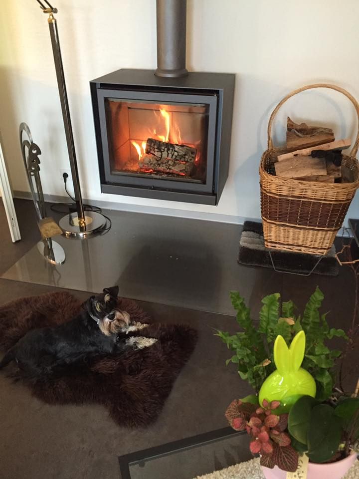 Living room installed grey Stuv 16-58 cube with Burning wood