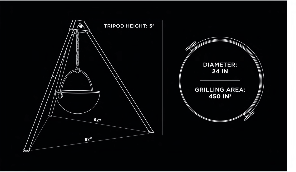 The Cowboy Cauldron The Dude 24" Tripod Wood Burning Fire pit Cooking Grill with Suspension Chain and Cover