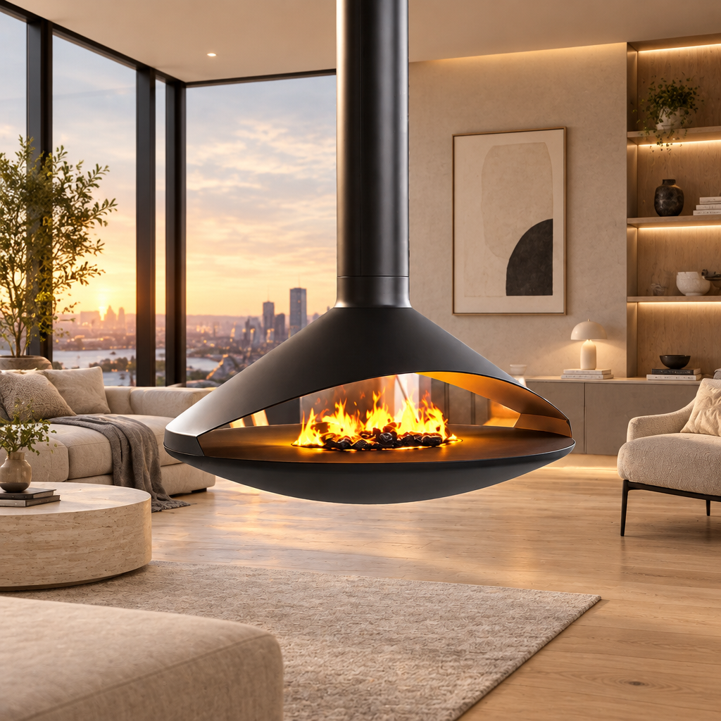 Close Up Vita Gioia Suspended Indoor Gas Fireplace Flame Feature Alternative to Focus Ergofocus Glazed Fireplace A modern floating fireplace with a black metal frame and a bright orange fire burning inside, suspended from a tall black chimney pipe in a stylishly decorated living room with a city skyline view at sunset.