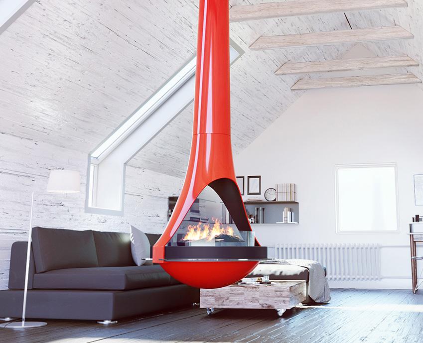 UFO design Curved shape red color VITA LUCIJA Suspended/Hanging Indoor Gas fireplace with a protective glass and visible flame in a modern living room.
Mid-century, eco-friendly Hanging/floating indoor gas fireplace.
LUCIJA Gas Fireplace is similar to Shine 6 Luxury Indoor Hanging Fireplace Wood Burning Fireplace, Modern Suspended Black Fireplace – Hanging Gas Fireplace for Luxury Living Room & Contemporary Interiors, Decorative Range of Wood Fireplaces by Focus HÉTÉROFOCUS 1400.
