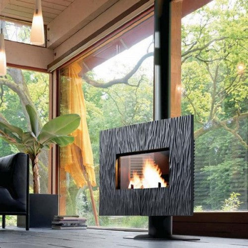 Up close Dual Door And Glass covered Wood burning stove with clean burning