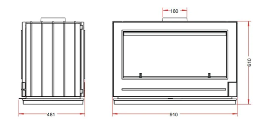 Metric and standard Dimensions for Mid Century Modern Wood Stove. 35.8" Wide. 24" tall and a 7" flue