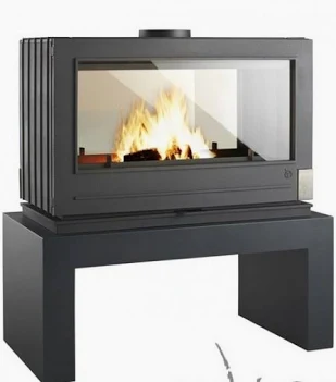 Invicta Aaron 36" double-sided see-through cast iron wood burning stove on matching black support bench — panoramic ceramic glass view, made in France