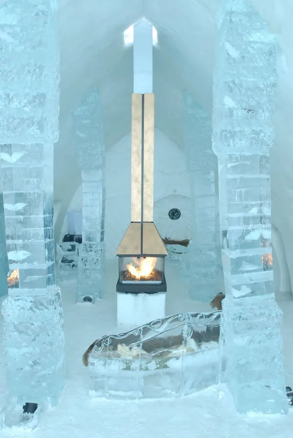 Custom Center Room Fireplace in Ice hotel Canada Ice bar Copper fireplace Cone Style MCM Modern Sleek Scandinavian fireplace