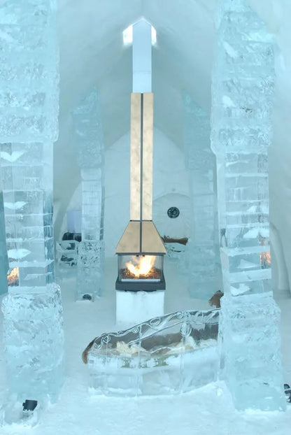 Custom Center Room Fireplace in Ice hotel Canada Ice bar Copper fireplace Cone Style MCM Modern Sleek Scandinavian fireplace