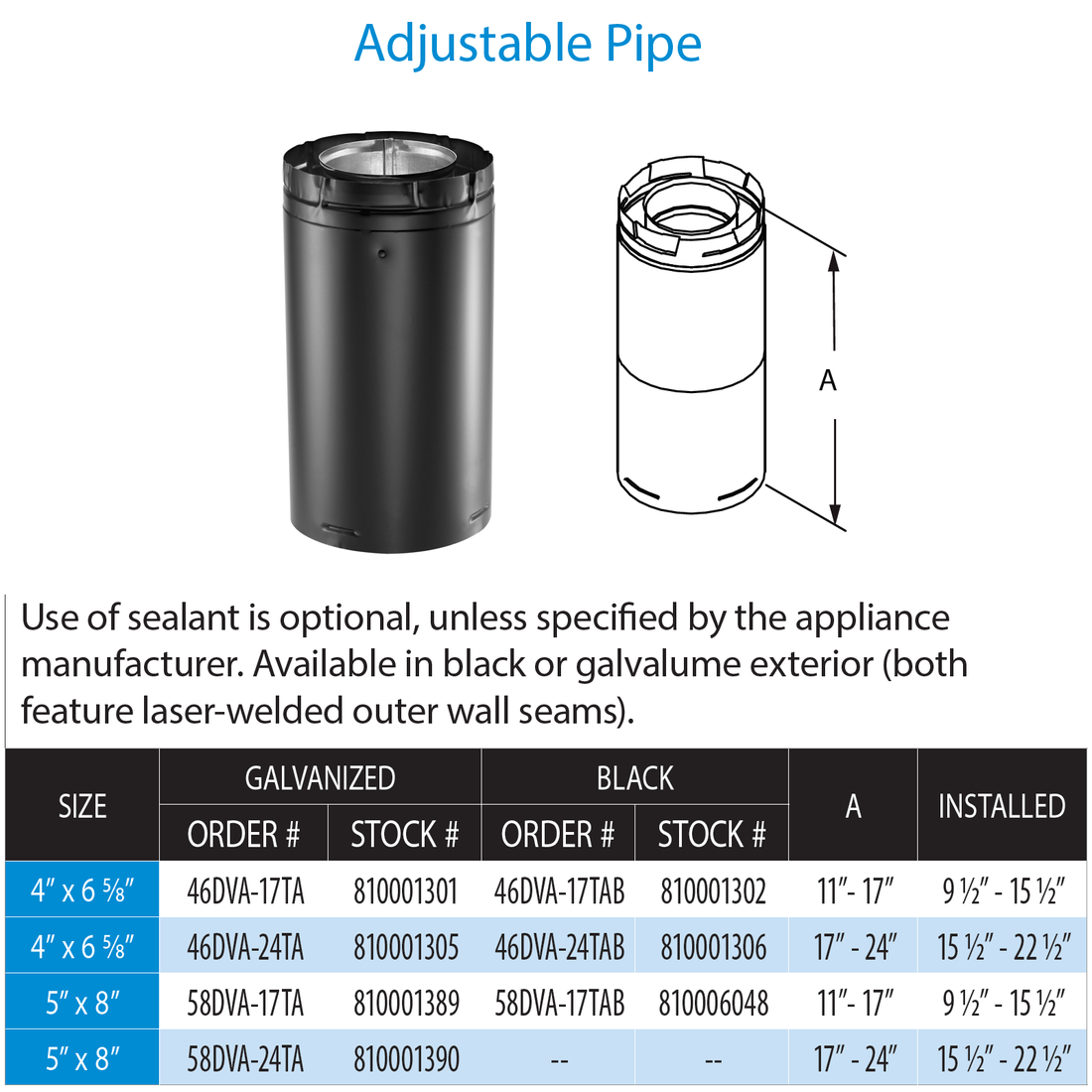 DuraVent 4” x 6 5⁄8” DirectVent Pro 17″ – 24″ Adjustable Pipe