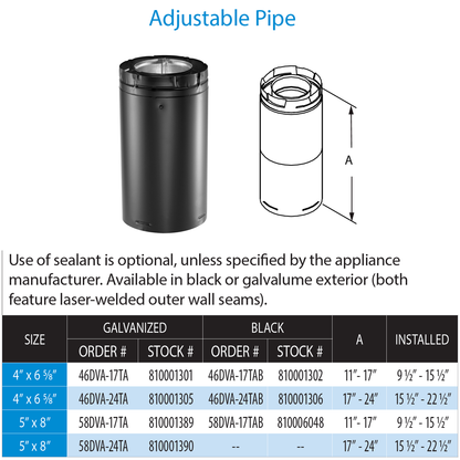 DuraVent 4” x 6 5⁄8” DirectVent Pro 17″ – 24″ Adjustable Pipe