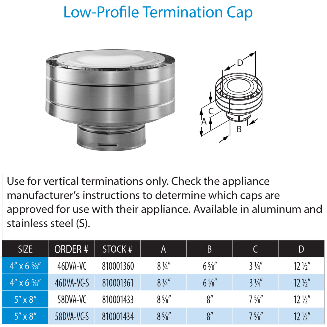 DuraVent 46DVA-VCH 4” x 6 5⁄8” DirectVent Pro High/Low/Extended Termination Cap