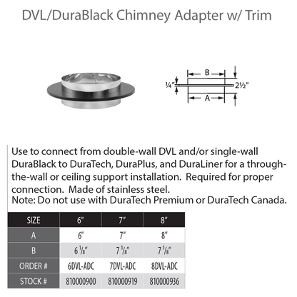 Duravent DVL/DuraBlack Chimney Adapter in 3 sizes 7" 8" 9"