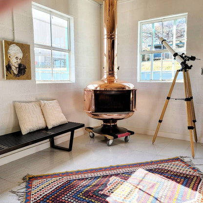 Copper Malm MCM Fireplace with heat shield and a fresh polish on the copper fireplace- HAND MADE TO ORDER. Scandinavian Fireplace by MALM Made in USA