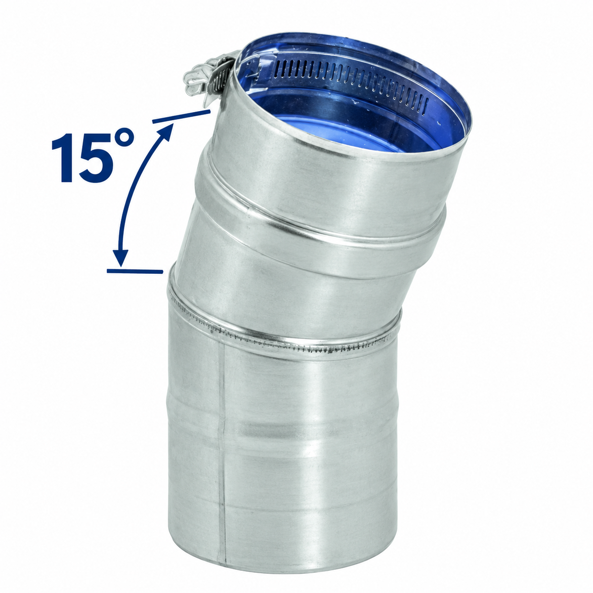 DuraVent FasNSeal® 15° single-wall stainless steel vent pipe elbow with Built-in mechanical locking band on a FasNSeal® vent pipe elbow. silicone-free, 316L stainless steel inner wall.