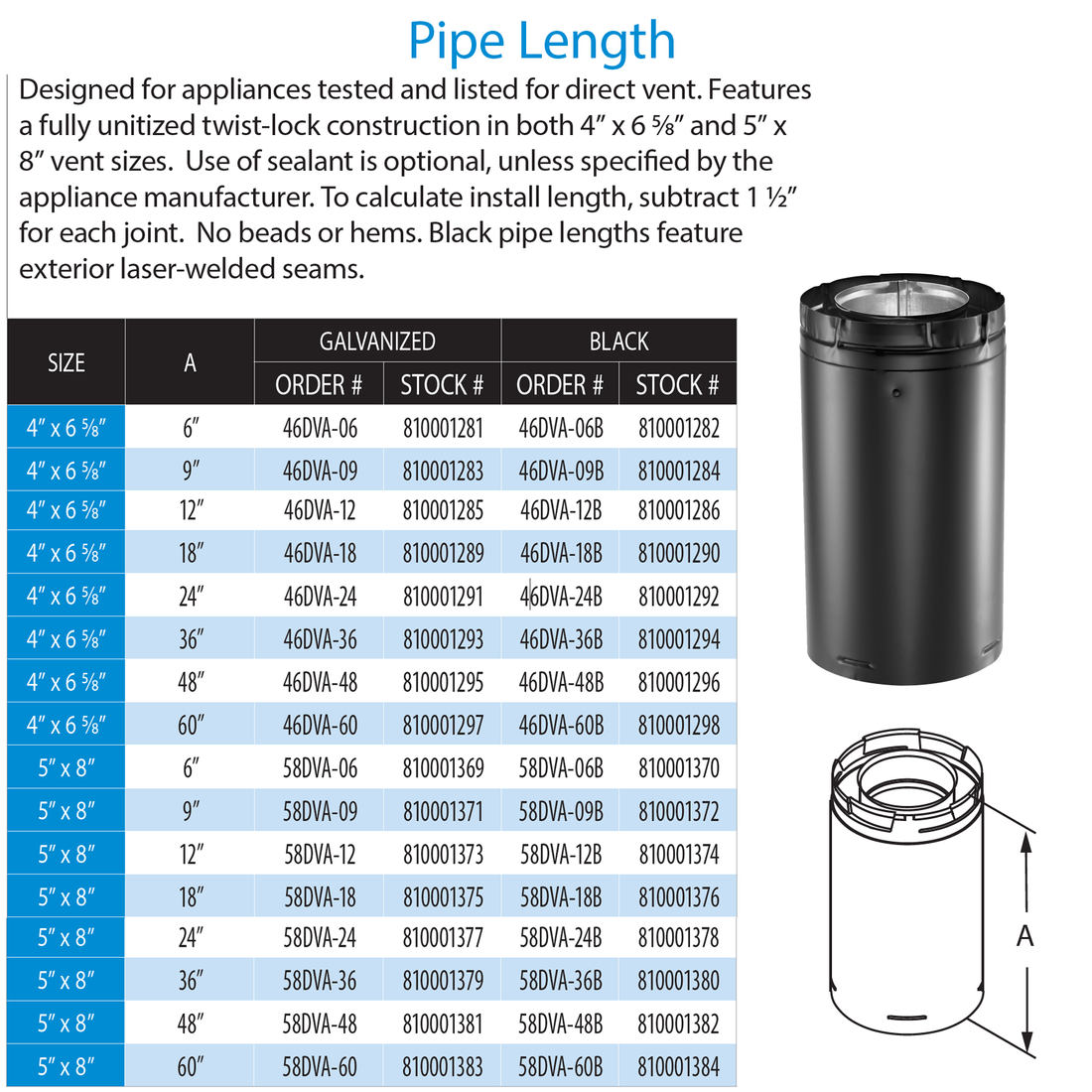 DuraVent 4” x 6 5⁄8” DirectVent Pro 12″ Pipe Length