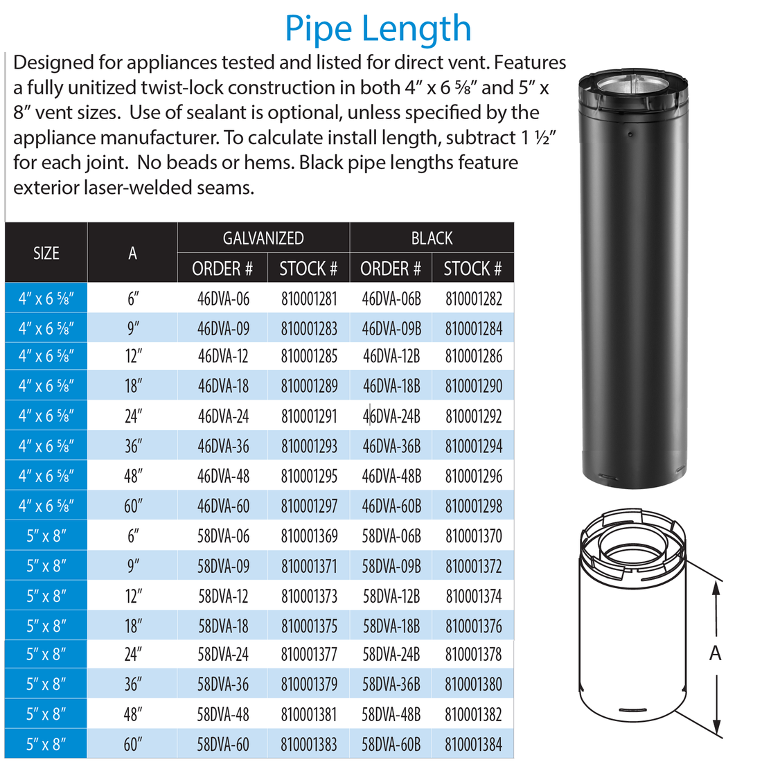 DuraVent 4” x 6 5⁄8” DirectVent Pro 60″ Pipe Length