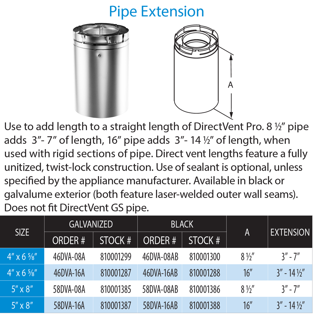 DuraVent 4” x 6 5⁄8” DirectVent Pro 8-1/2″ Pipe Extension