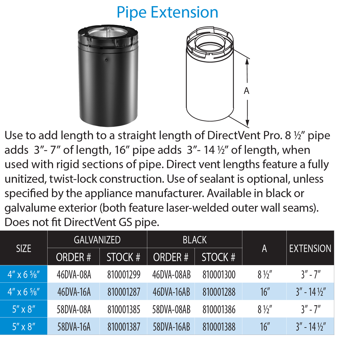 DuraVent 4” x 6 5⁄8” DirectVent Pro 8-1/2″ Pipe Extension