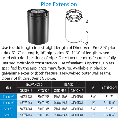 DuraVent 4” x 6 5⁄8” DirectVent Pro 8-1/2″ Pipe Extension