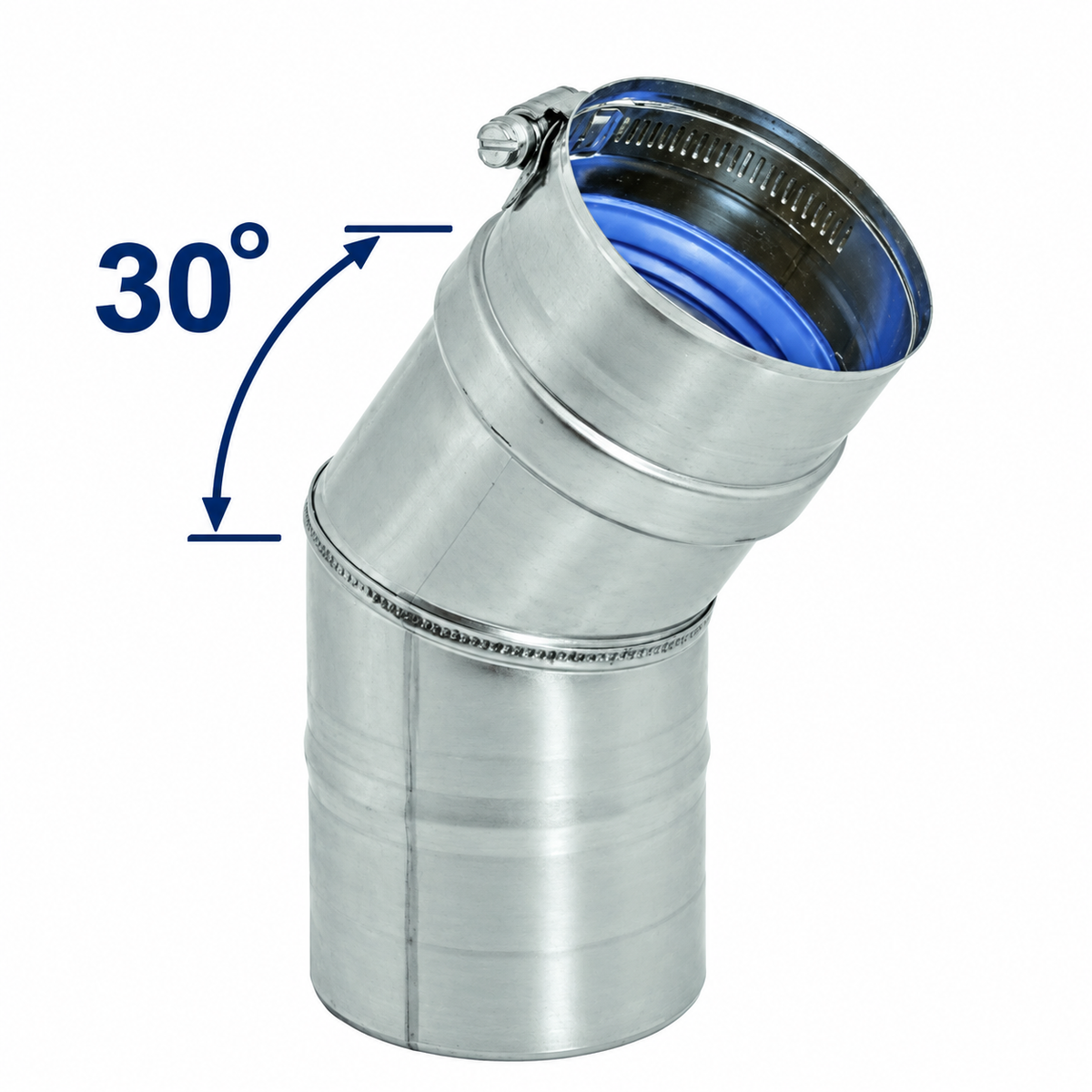 DuraVent FasNSeal® 30° single-wall stainless steel vent pipe elbow with Built-in mechanical locking band on a FasNSeal® vent pipe elbow. silicone-free, 316L stainless steel inner wall.