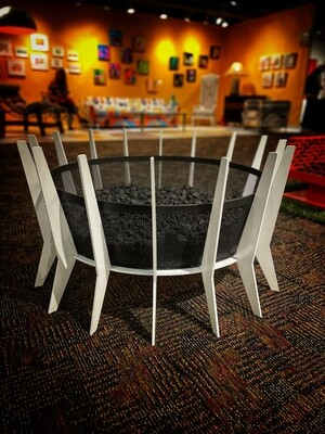 Outdoor View of 17" white retrofire Mid-century Gas Fireplace with decorative rocks - Modfire