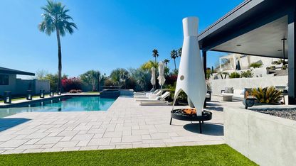 Outdoor pool-side standing of 5.5ft white Natural gas modfire stratofire. Custom outdoor Massive rocket type fireplace. Mid Century Modern Fire pit outdoor Malm Style fireplace Floating fireplace. Barba jean focus on Floating MCM Cone style fireplace Wood Gas Propane or Natural gas custom made to your preference