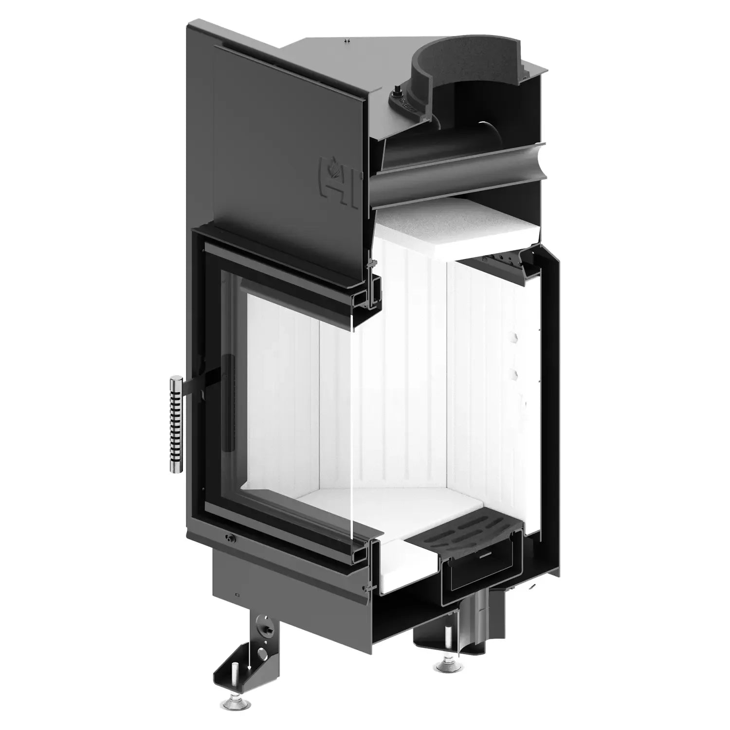 Open view Black Corner Built-in 2 sided glass Indoor wood burning fireplace inserts. EcoDesign complies Modern Fireplace,  that guarantees rigidity and resistance to high temperature. This product is similar to; KFD ECO 70 L/R Corner Fireplace Insert - Wood Burning Stove - BLACK COLOR, Dorako ECO Max 7 Left /Right Corner Wood Burning Fireplace - Scandinavian Modern Wall-Insert Stove - Right hand Corner / Standard, Montigo Divine Corner HL38DFCL/CR Direct Vent Gas Fireplace, Majestic Corner Direct Vent Gas.