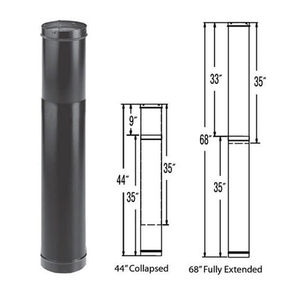 6", 7" or 8"  DuraBlack 44" - 68" Telescoping Adjustable Black Stove Pipe Length - 6DBK-TL flex size pipe for KFD and interior flue