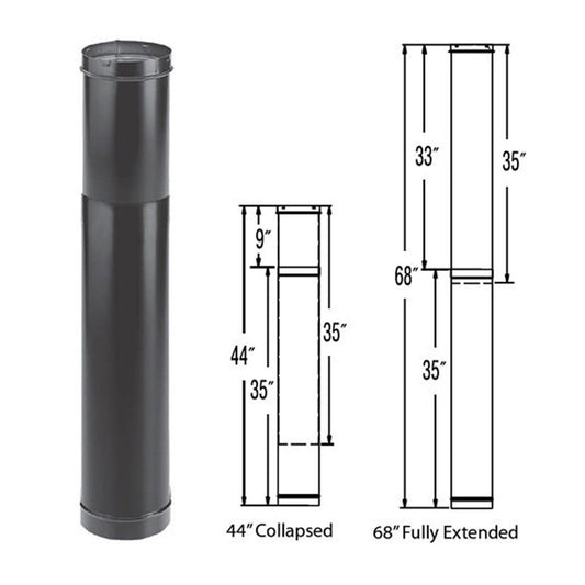 6", 7" or 8"  DuraBlack 44" - 68" Telescoping Adjustable Black Stove Pipe Length - 6DBK-TL flex size pipe for KFD and interior flue