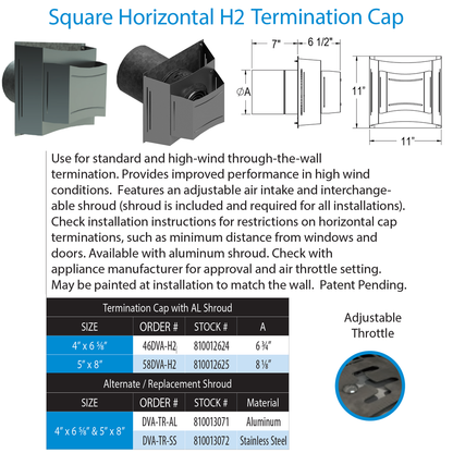 DuraVent 46DVA-H2 4” x 6 5⁄8” Horizontal Termination Cap with Aluminum Shroud