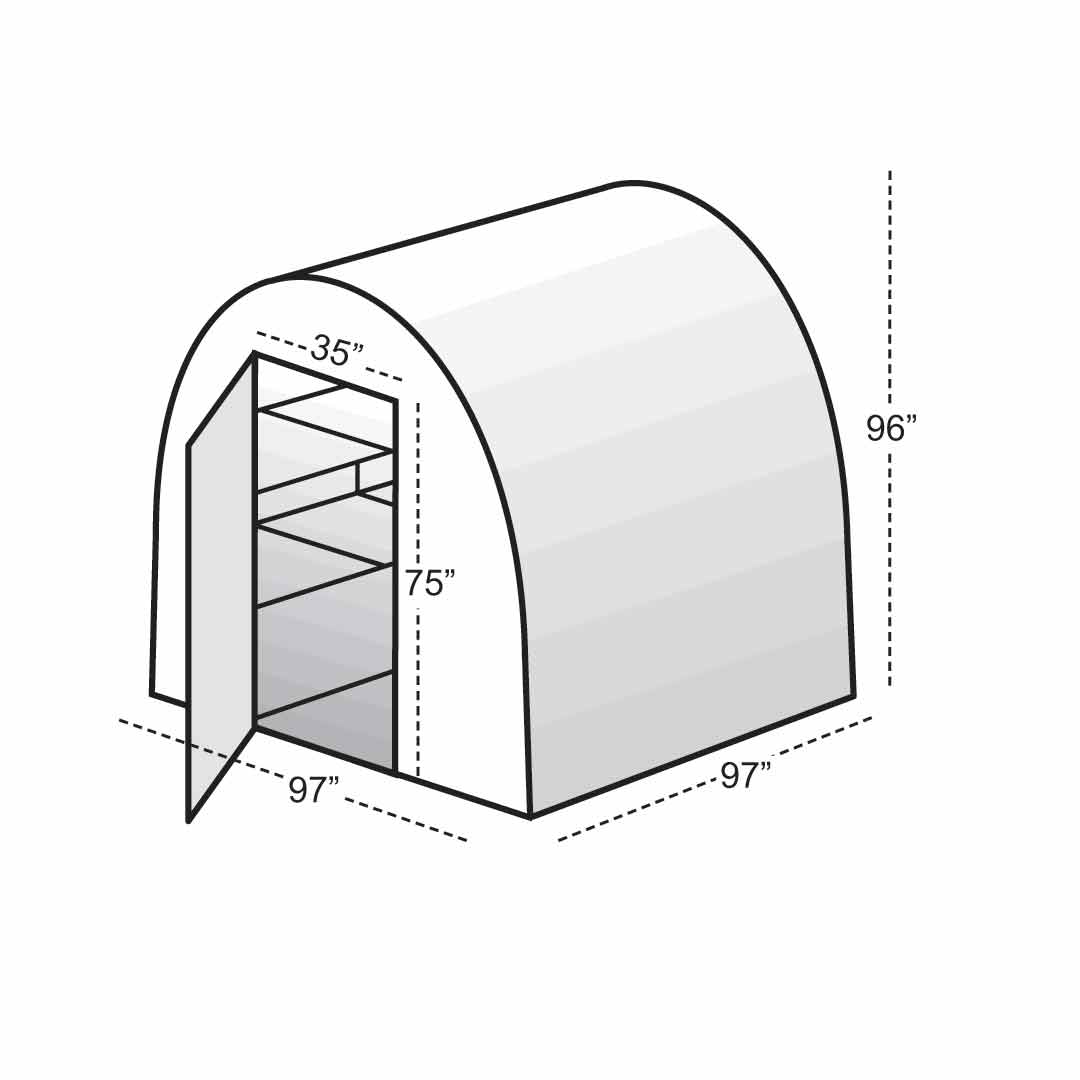 Dimension of the solexx gardener's Oasis Small greenhouse, 96"H x 97"W x 97"L