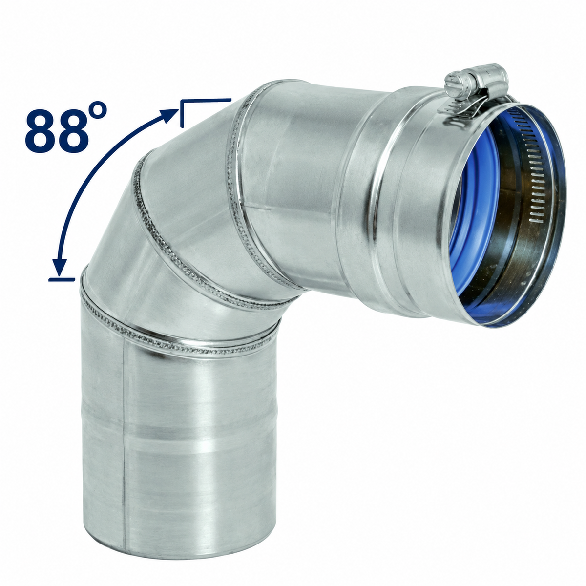 DuraVent FasNSeal® 88° single-wall stainless steel vent pipe elbow with Built-in mechanical locking band on a FasNSeal® vent pipe elbow. silicone-free, 316L stainless steel inner wall.