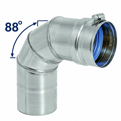 DuraVent FasNSeal® 88° single-wall stainless steel vent pipe elbow with Built-in mechanical locking band on a FasNSeal® vent pipe elbow. silicone-free, 316L stainless steel inner wall.
