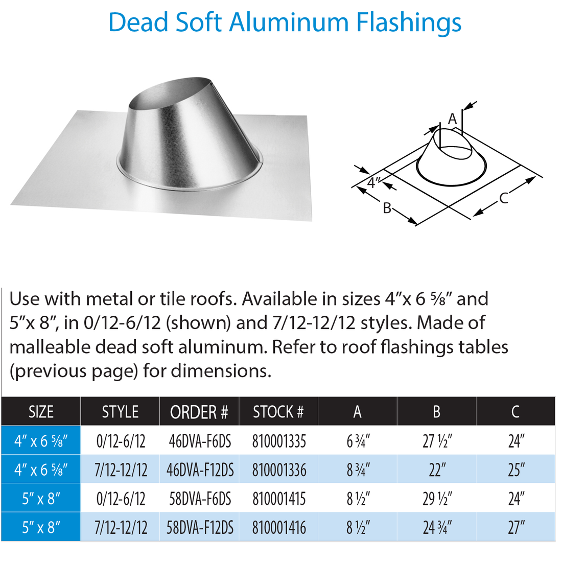 DuraVent 4” x 6 5⁄8” DirectVent Pro Dead Soft Aluminum Flashing