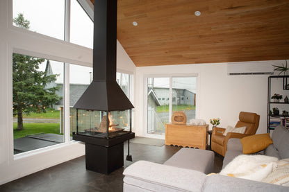Modern living room with a Matte Black Don Bar 9200 series fireplace and large windows
