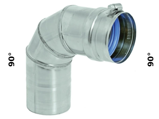 DuraVent FasNSeal® 90° single-wall stainless steel vent pipe elbow with Built-in mechanical locking band on a FasNSeal® vent pipe elbow. silicone-free, 316L stainless steel inner wall.