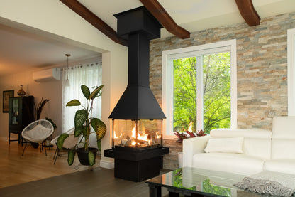 Matte Black Gas Burning Don bar 9200 series Fireplace in a Modern living room with white sofa, and large windows.