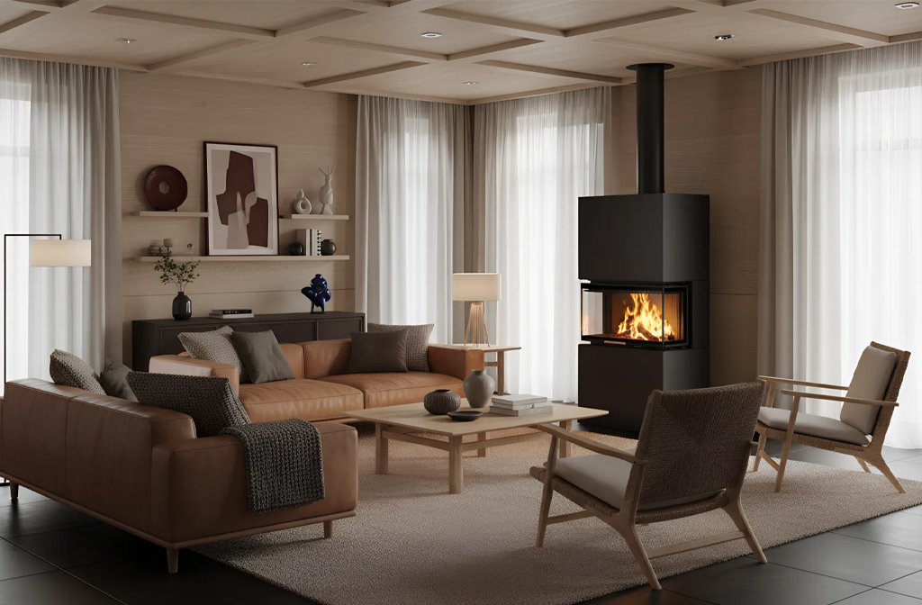 Black freestanding Albero AL9C three sided wood fireplace with visible flame view from a panoramic glass standing beside a flower in a modern living room. Eco Design Fireplace, Modern Indoor Fireplace. This fireplace is similar to A.Caminetti Crystal 80 3D Wood Burning Fireplace with 3 Glass Sides, Crystal 110 Max Wood-Burning Fireplace A.Caminetti 3 Glass Sides, Three Sided 75, Kratki – Inga Freestanding 3 sided Fireplace., Dorako ECO MAX 7 3F 3 Sided Glass Wood Stove: Handmade Wall-Insert Glass Fireplace.