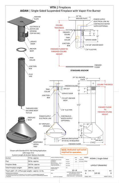Modern Floating Fireplace- 36" VITA AIDAN Single Sided & See Through Wood Burning/Vapor-Fire