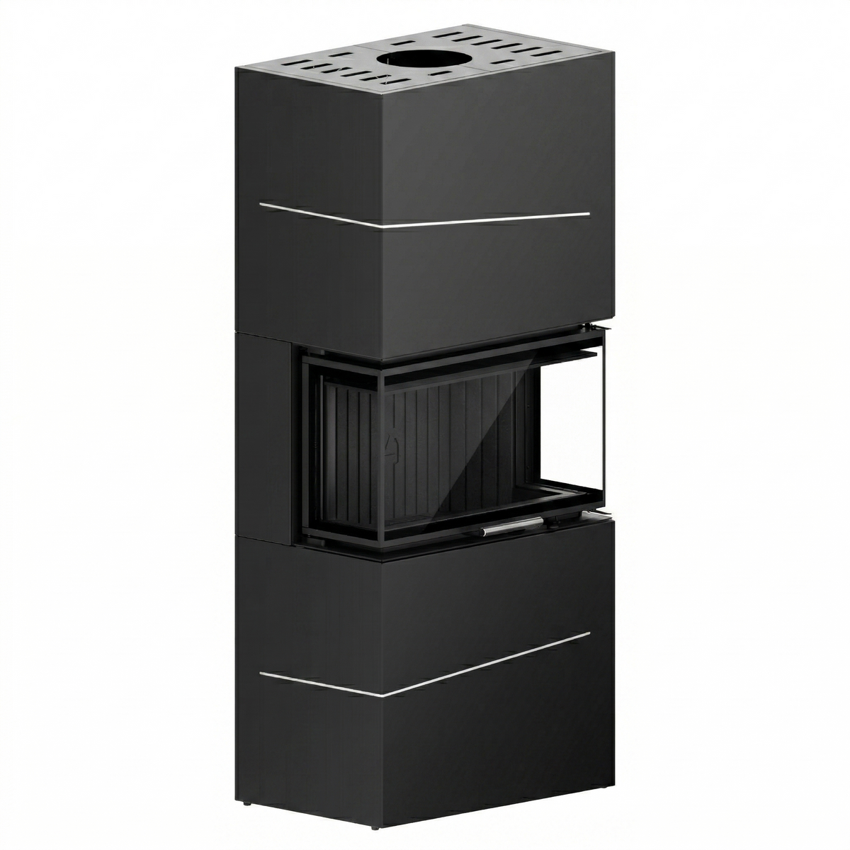 Black freestanding Albero AL9C three sided wood fireplace with visible flame view from a panoramic glass standing beside a flower in a modern living room. Eco Design Fireplace, Modern Indoor Fireplace. This fireplace is similar to A.Caminetti Crystal 80 3D Wood Burning Fireplace with 3 Glass Sides, Crystal 110 Max Wood-Burning Fireplace A.Caminetti 3 Glass Sides, Three Sided 75, Kratki – Inga Freestanding 3 sided Fireplace., Dorako ECO MAX 7 3F 3 Sided Glass Wood Stove: Handmade Wall-Insert Glass Fireplace.